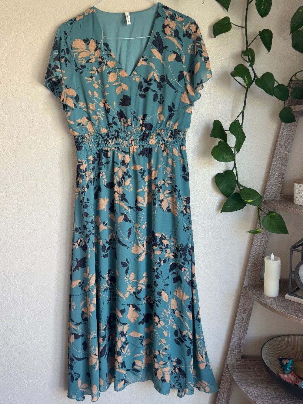 Simplee Teal Floral Midi Dress Women’s Large Smocked Waist Flutter Sleeve - Picture 1 of 5